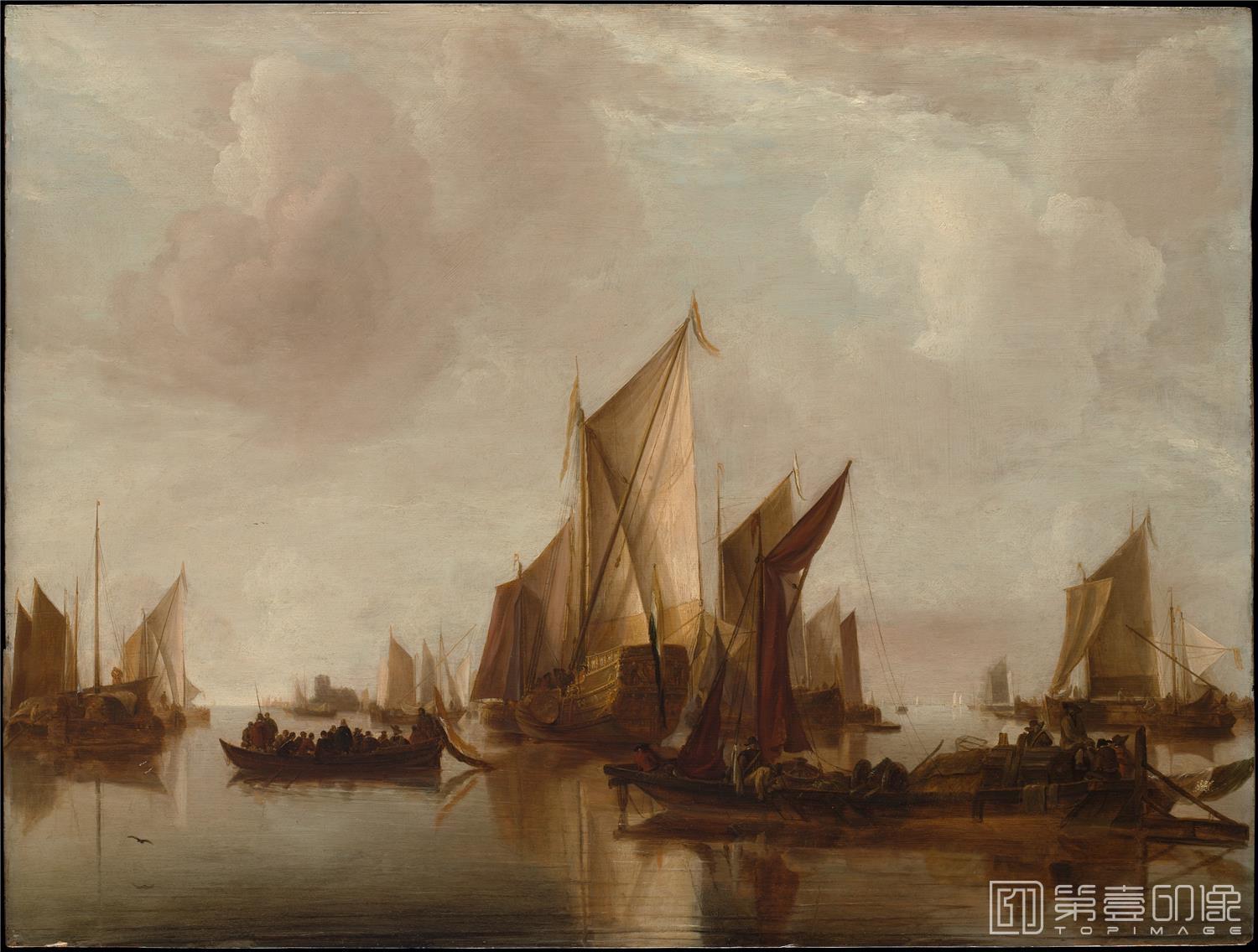 油画-美国纽约大都会美术馆油画藏画-Jan van de CappelleA State Yacht and Other Craft in Calm Water-1196